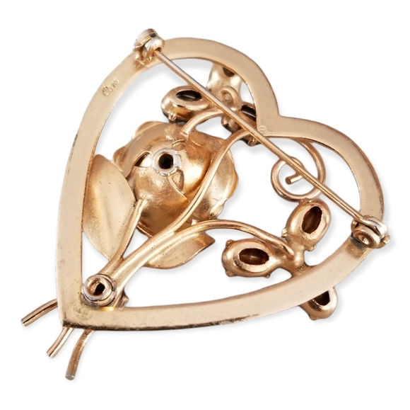 Vintage Signed Coro Gold Tone Heart Brooch Ruby Sapphire Rhinestone - Picture 10 of 16